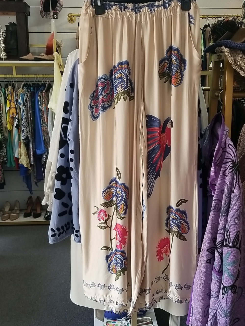 Beige Floral Wide-Leg Maxi Pants with Bird Print